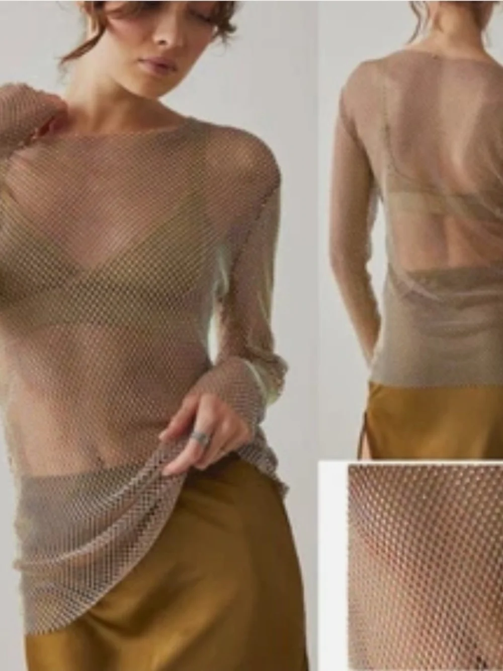 Free People Sheer Mesh Long-Sleeve Top in Beige